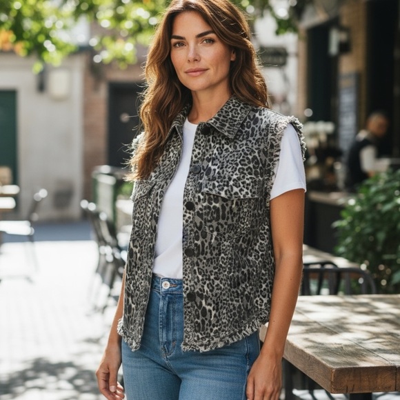 English Rose Sleeveless Denim Vest Women's S Gray Animal Studded Fringe Buttons - Picture 1 of 14